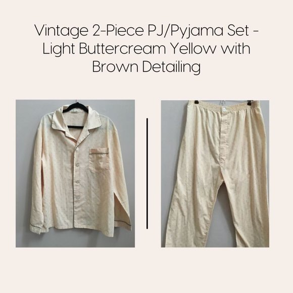 Vintage 2-Piece PJ/Pyjama Set - Light Buttercream Yellow with Brown Detailing - Picture 1 of 11